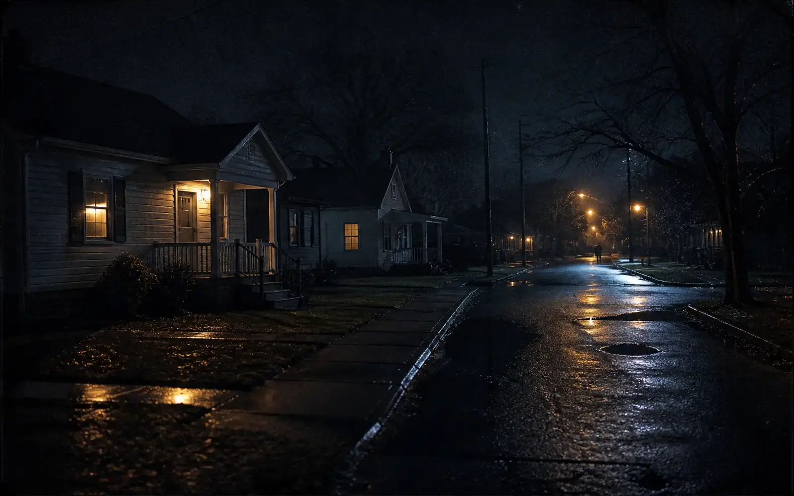 Anonymous rain-dark suburban street with warm window light