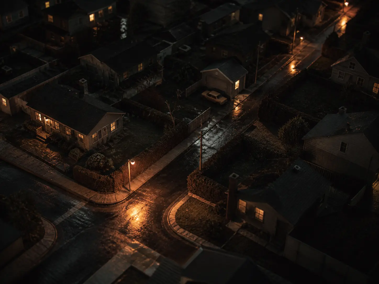 Anonymous suburban block photographed from above at night